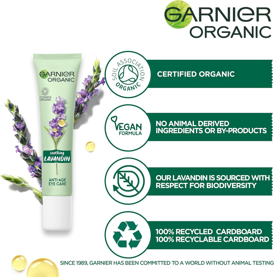 Garnier Organic Soothing Lavandin Anti Age Eye Cream, Enriched With Vitamin E And Organic Argan Oil For Smooth And Refreshed Eye Area 15 Ml