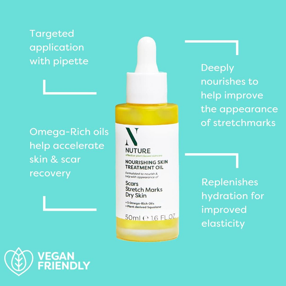 NUTURE Nourishing Skin Treatment Oil 50ml | Improves the appearance of Scars & Stretch-marks | Omega-rich Oils | Face & Body | Absorbs Quickly | Antioxidants | Soothed & Softened