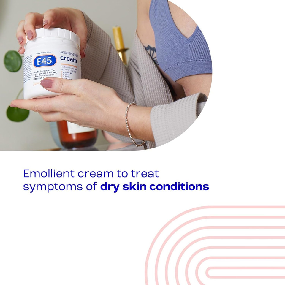 E45 Cream 500 g Tub  Moisturiser for Dry Skin and Sensitive Skin - Emollient Body Cream to Soothe Dry and Irritated Skin - Itchy Skin, Eczema Cream - Perfume-Free Face Cream and Non-Greasy Hand Cream