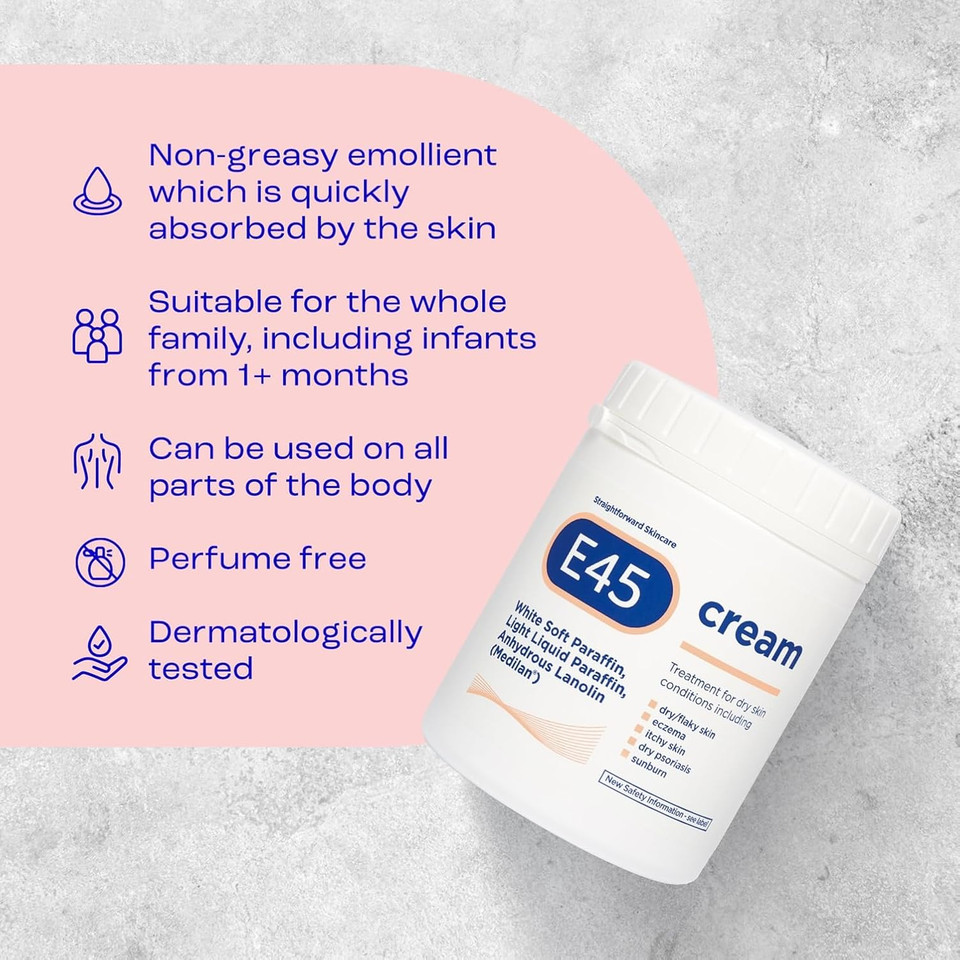 E45 Cream 500 g Tub  Moisturiser for Dry Skin and Sensitive Skin - Emollient Body Cream to Soothe Dry and Irritated Skin - Itchy Skin, Eczema Cream - Perfume-Free Face Cream and Non-Greasy Hand Cream