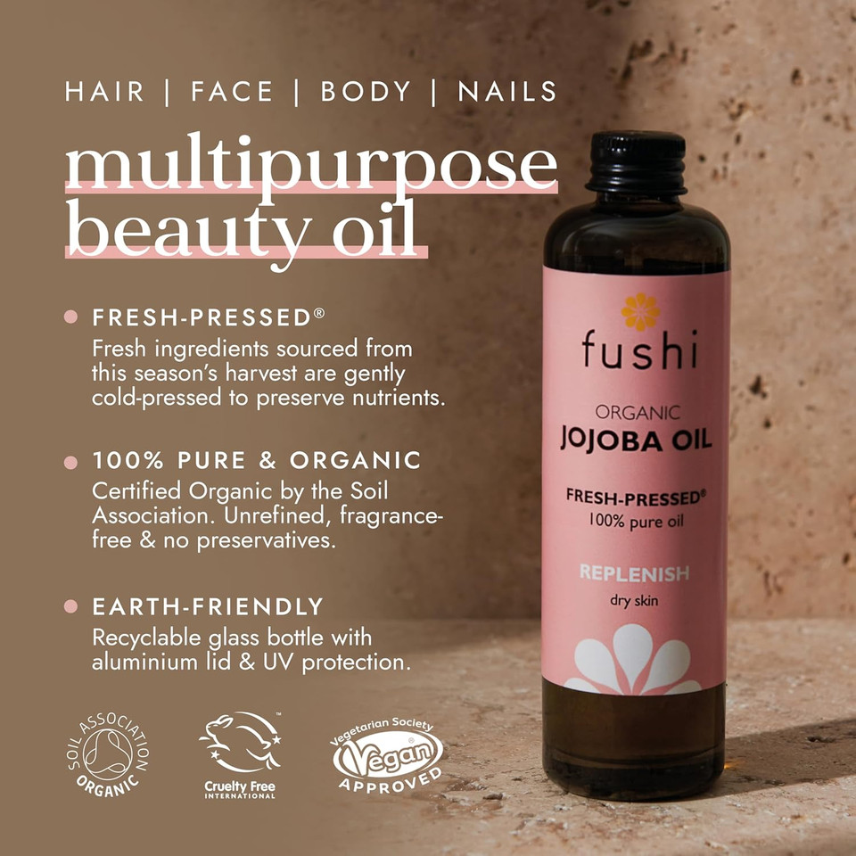 Fushi Organic Jojoba Oil 100 ml | Fresh-Pressed| Rich in Vitamin E | Best for Skin Cleansing, Dry Skin & Dry Hair | Hypoallergenic Oil | Ethical & Vegan Society Approved | Manufactured in the UK