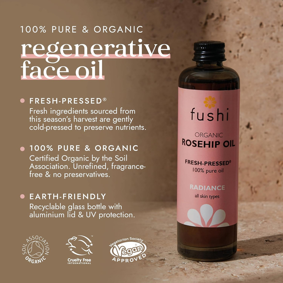 Fushi Organic Rosehip Seed Oil 100 ml | min Vitamin E 18.3 mcg/g | Fresh-Pressed | Best for Scars, Fine Lines & Stretch Marks | Ethical & Vegan Society Approved | Manufactured in the UK