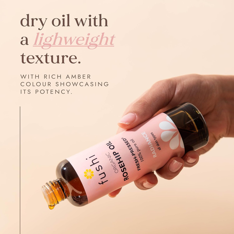 Fushi Organic Rosehip Seed Oil 100 ml | min Vitamin E 18.3 mcg/g | Fresh-Pressed | Best for Scars, Fine Lines & Stretch Marks | Ethical & Vegan Society Approved | Manufactured in the UK