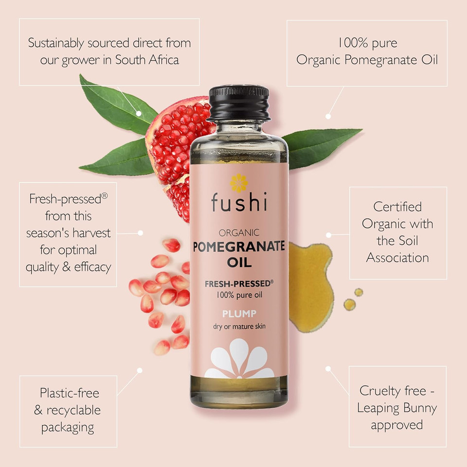 Fushi Pomegranate 80%+ Omega 5 Oil 50ml | Virgin & Fresh-Pressed | Best for Pigmentation, Wrinkles & Dry Skin | Clear, Golden Yellow Coloured Oil | Filtered for Clarity |Ethical, Vegan, Made in the UK