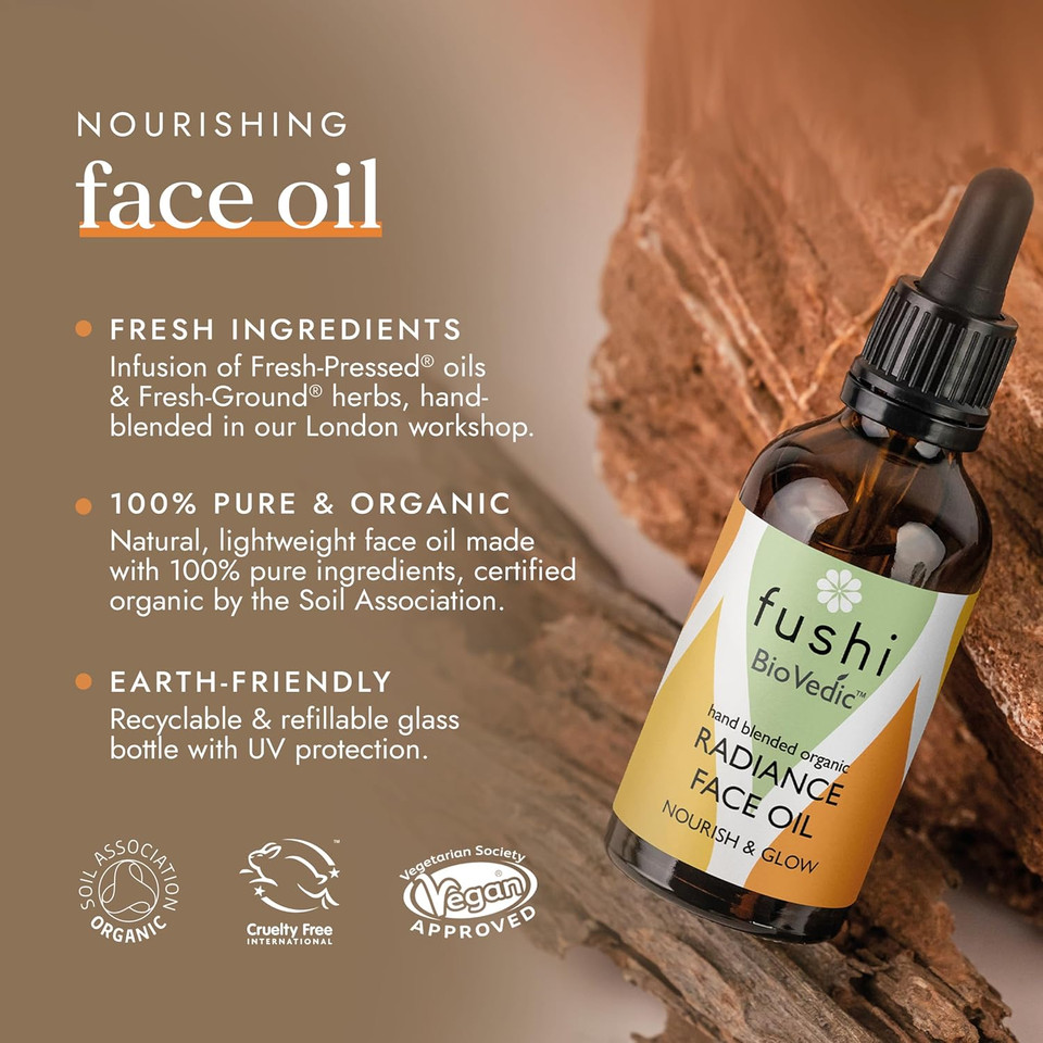Fushi Biovedic Radiance Face Oil 30ml | Fresh Pressed | Ayurvedic Herb Manjisthta, Kalahari Melon Seed & Raspberry Seed | Best for Dull Skin, Fine Lines & Dry Skin Relief | Manufactured in The UK