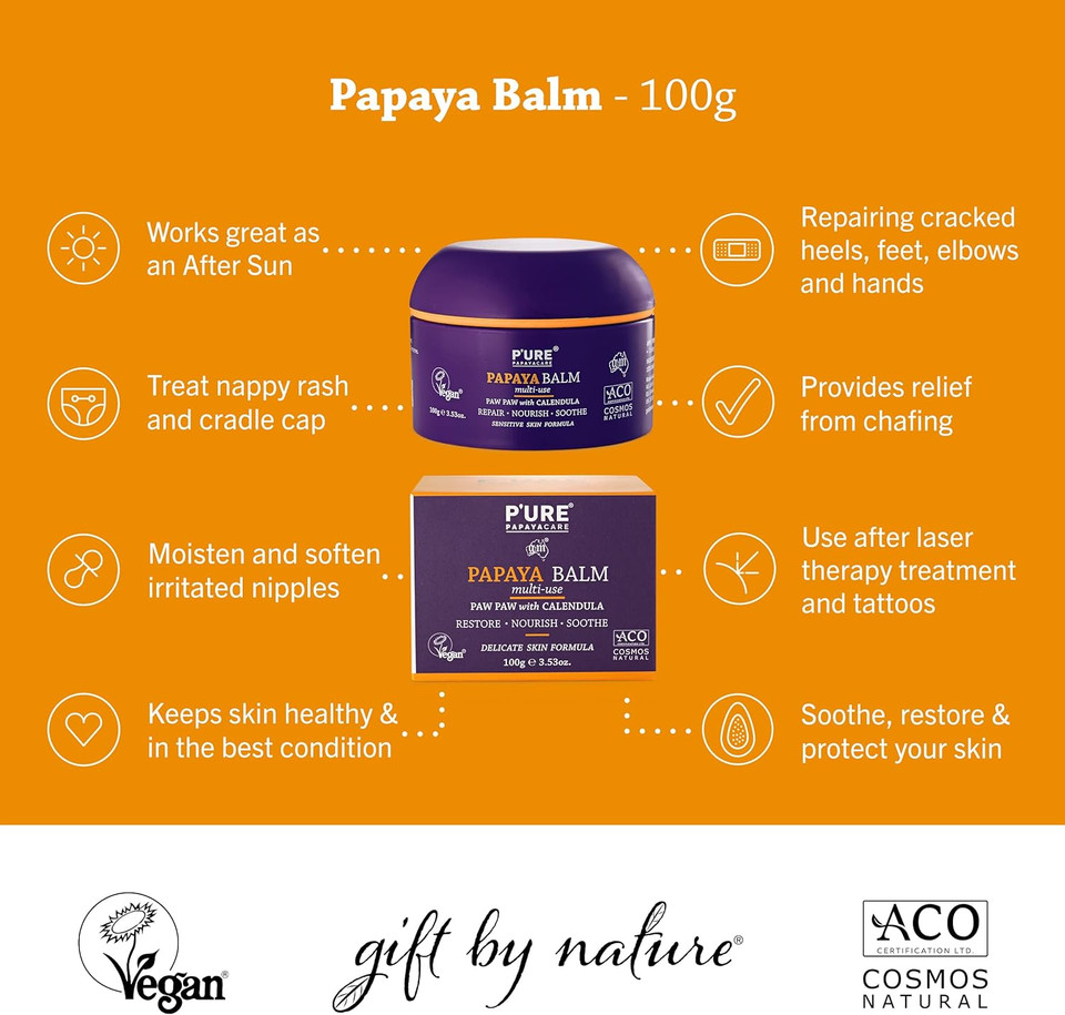 P'Ure Papaya Care Balm Multi-Use 100G - Vegan - Repairs Dry Skin, After Sun Treatment - Natural Ingredients With Shea Butter, Calendula, Jojoba Oils, Vitamin E & Papaya- Sensitive Skin Care Products