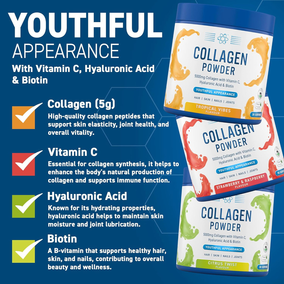 Applied Nutrition Collagen Powder - Citrus Twist Flavour - 5000mg Hydrolysed Bovine Flavoured Collagen Peptides with Vitamin C, Hyaluronic Acid & Biotin (165g - 30 Servings)