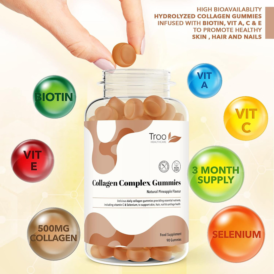 Hydrolysed Collagen Complex - 90 Natural Pineapple Flavour Chewable Gummies - One Per Day With Biotin, Vitamin C And Selenium - 3 Months Supply  Healthy Skin And Hair For Men And Women