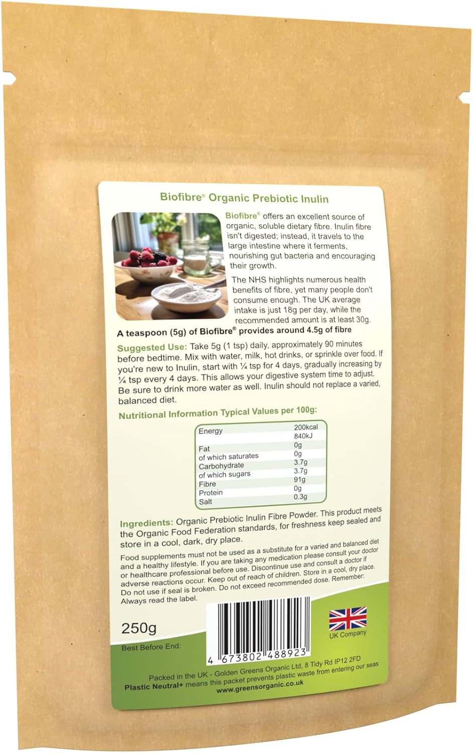 Golden Greens Organic Prebiotic Inulin Fibre, 250g