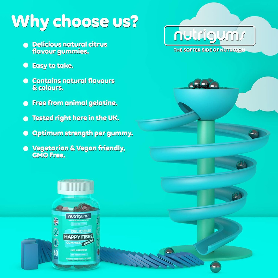 Happy Fibre (Inulin) Chicory Root Prebiotic Gummy | Mixed Berry Flavour | 60 Vegan Gummies | Zero Added Sugar | 3.8G Fibre | Gut Health And Digestive System Support By Nutrigumsã¢Â®