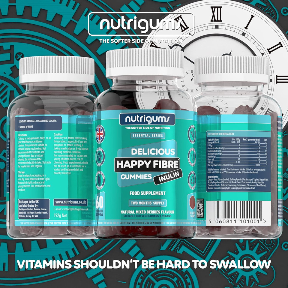 Happy Fibre (Inulin) Chicory Root Prebiotic Gummy | Mixed Berry Flavour | 60 Vegan Gummies | Zero Added Sugar | 3.8G Fibre | Gut Health And Digestive System Support By Nutrigumsã¢Â®