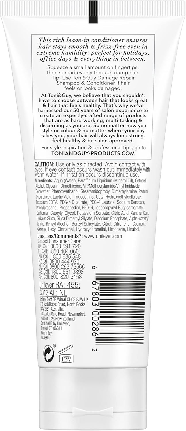 Toni & Guy Leave In Conditioner for Damaged Hair, Controls Frizz & Protects Against Humidity, Perfect for Smoother and Softer Hair, 100ml