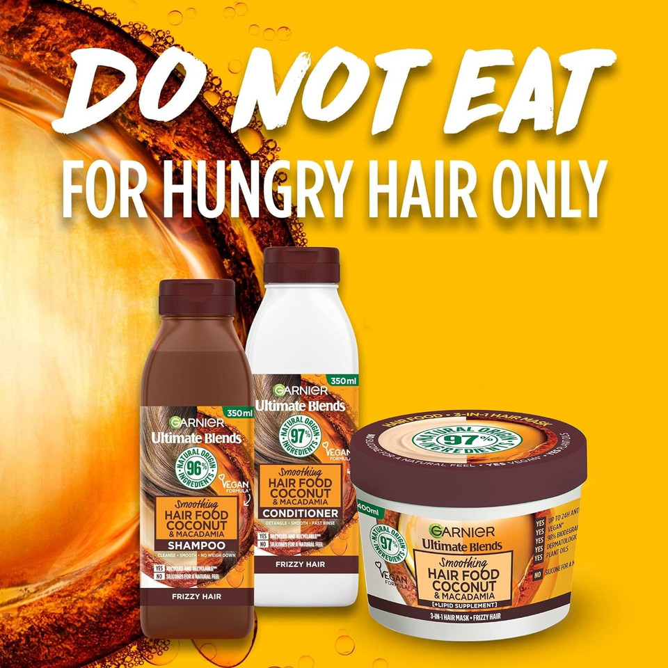 Garnier Hair Food 3-In-1 Hair Treatment Mask, Smooths And Nourishes, For Frizzy & Curly Hair, No Silicones, Vegan Formula, Coconut Oil, Ultimate Blends, 400Ml