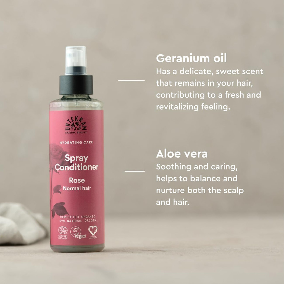 Urtekram Spray Conditioner - Rose - Normal Hair -Vegan, Organic, Hyaloronic Acid, Natural Origin, 250 ml