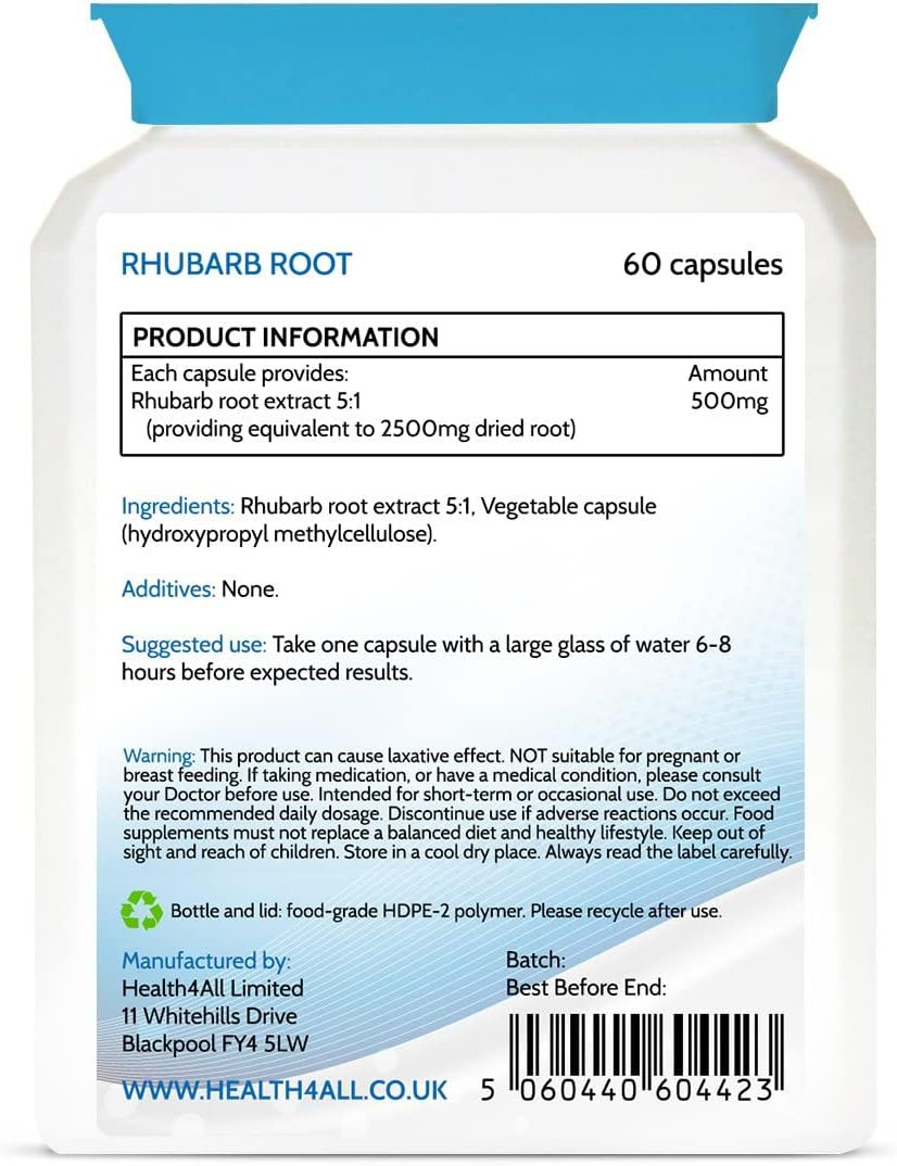 Health4All Rhubarb Root 2500Mg 60 Capsules (V) (Not Tablets) Purest- No Additives. Natural Laxative Supplement. Vegan