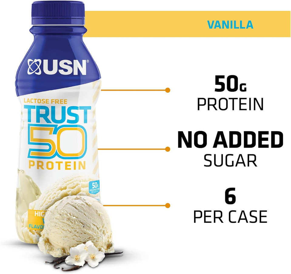 USN Trust 50 Pre-mixed & Ready to Drink Protein Shake Bottles: 6 x 500 ml Strawberry High Protein Recovery Drinks