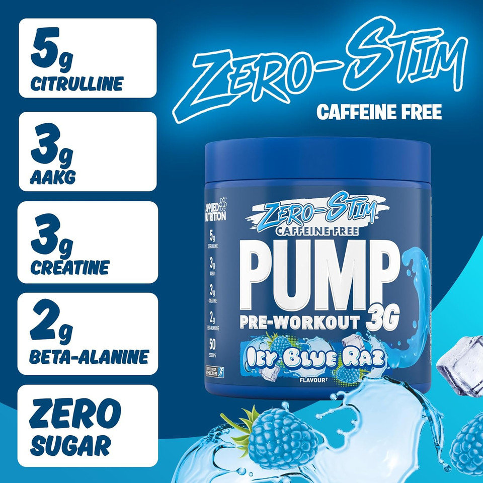 Applied Nutrition Pump Zero Pre Workout - Zero Stim, Caffeine Free, Energy & Performance (375g - 25 Servings) (ICY Blue Raz)