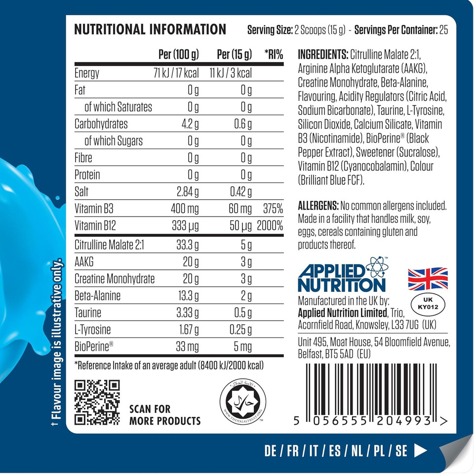 Applied Nutrition Pump Zero Pre Workout - Zero Stim, Caffeine Free, Energy & Performance (375g - 25 Servings) (ICY Blue Raz)