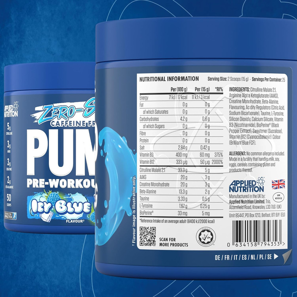 Applied Nutrition Pump Zero Pre Workout - Zero Stim, Caffeine Free, Energy & Performance (375G - 25 Servings) (Icy Blue Raz)