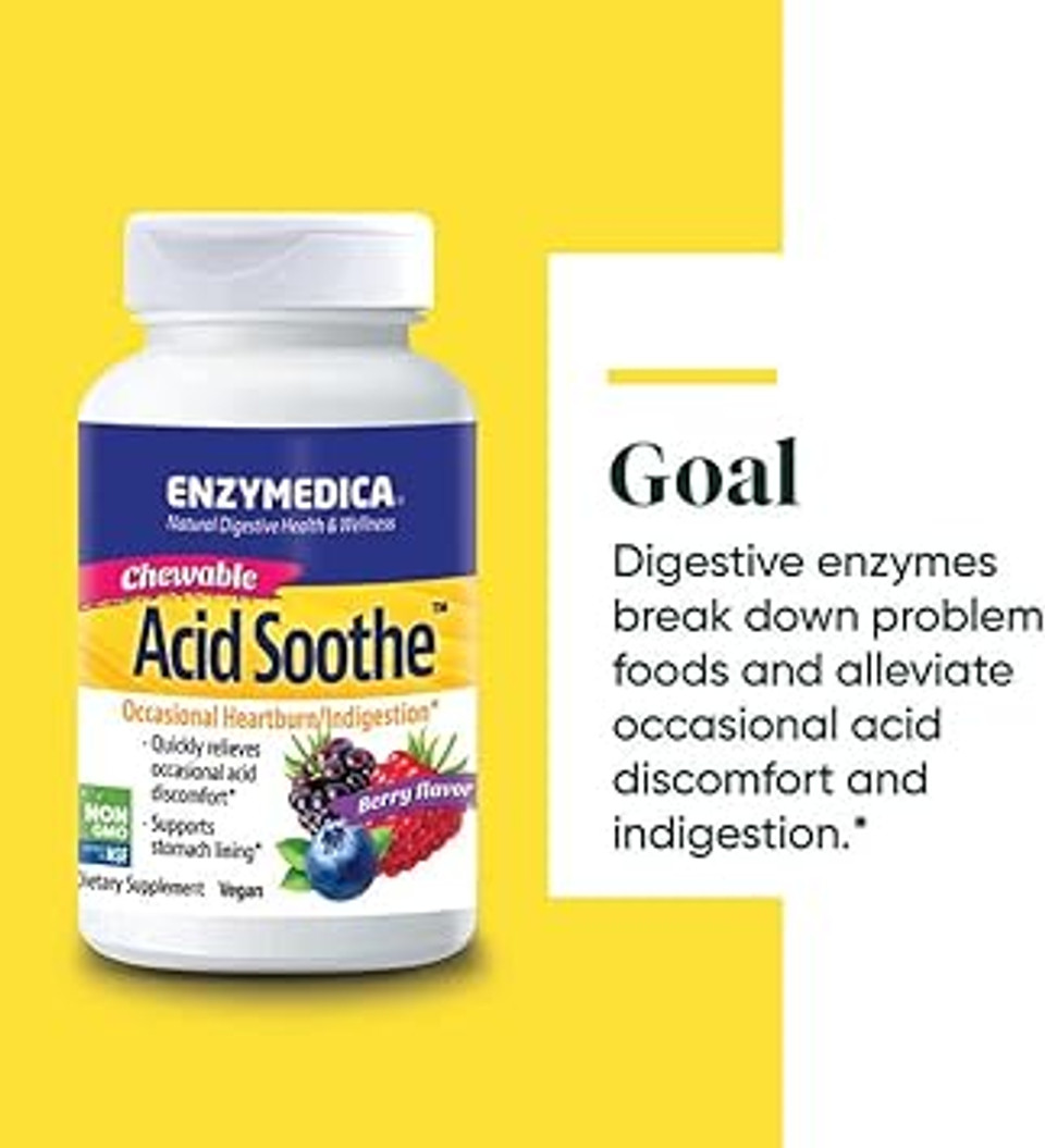 ENZYMEDICA - Acid Soothe (30 Chewable Tablets) | Berry Flavour | Digestive Support Enzymes Supplements | Digestive Enzymes Blend for Acid Reflux and Heartburn, Nutrient Supplements, Vegan

SIZE: 30 Count (Pack of 1)