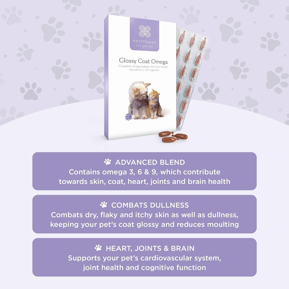 Healthspan Glossy Coat Omega For Cats & Dogs 120 Capsules | Omega 3, 6 & 9 | Dha & Epa | Chicken & Beef Flavour | Pet Health