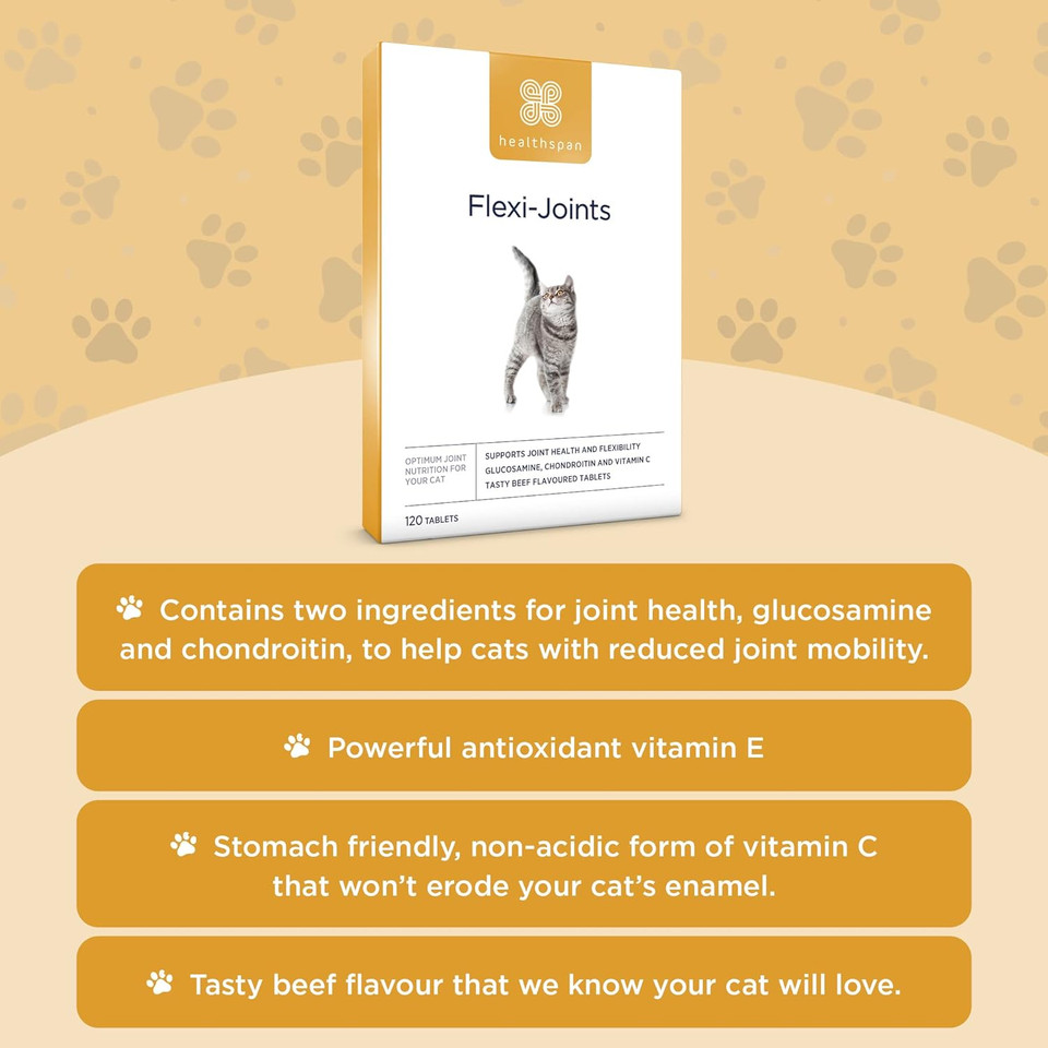 Healthspan Flexi-Joints For Cats (4 Months' Supply) | Glucosamine & Chondroitin To Support Your Cat'S Joint Health | With Vitamins C & E | Tasty Beef Flavoured