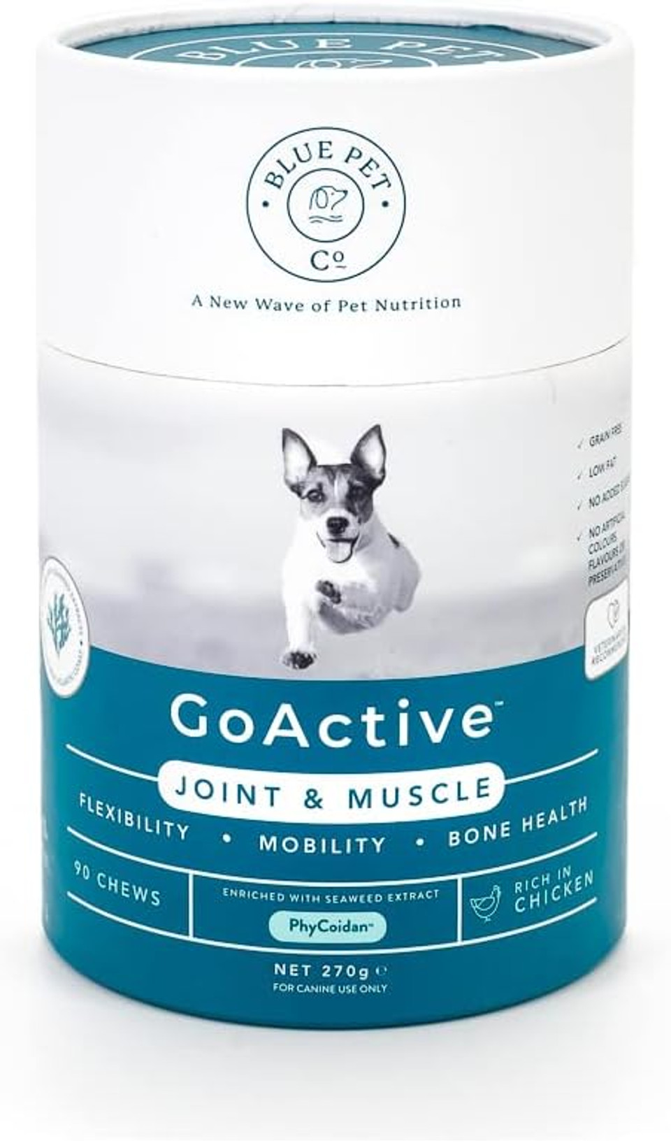 Blue Pet Co - GoActive Joint & Muscle Supplement for Dogs - Promotes Flexibility, Mobility & Bone Health - Enriched with Seaweed Extract PhyCoidan - Rich in Chicken - 90 Chews

SIZE: 90 Chews