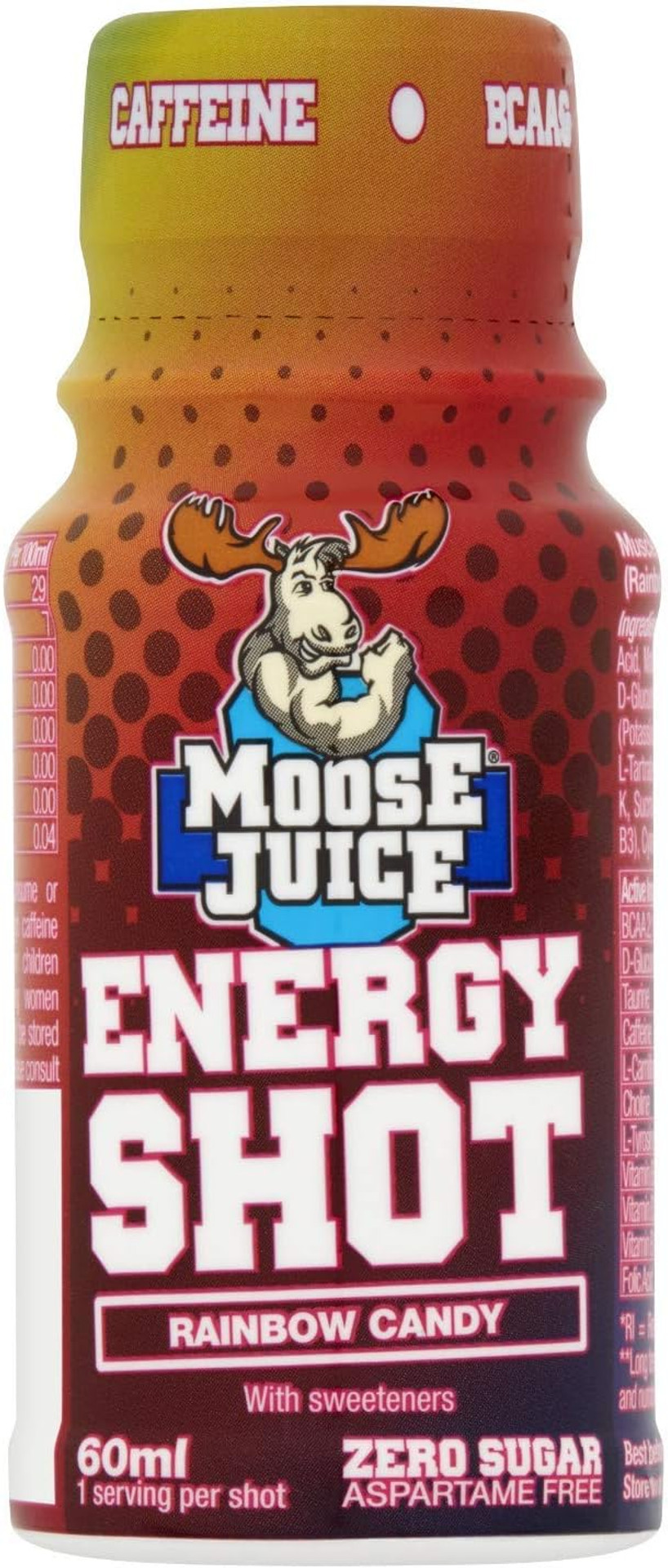 Muscle Moose  Moose Juice Energy Shots | Caffeine Drink, BCAA & B Vitamins, Zero Sugar, Aspartame-free, Rainbow Candy, 60ml (12 Shots)