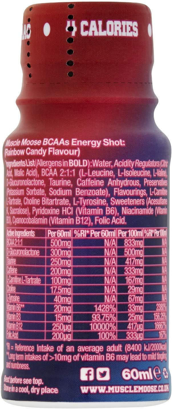 Muscle Moose  Moose Juice Energy Shots | Caffeine Drink, BCAA & B Vitamins, Zero Sugar, Aspartame-free, Rainbow Candy, 60ml (12 Shots)