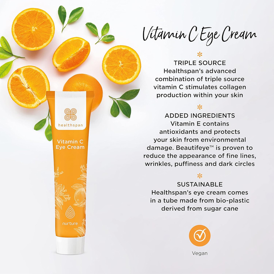 Healthspan Vitamin C Eye Cream (15ml) | 3 sources of Vitamin C with Caffeine, Hyaluronic Acid & Vitamin E | Brightening Eye Cream | Reduces the appearance of puffiness & smooth skin | Vegan