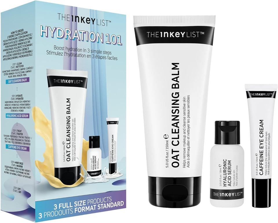 The Inkey List Hydration 101 Kit | Skin Hydration Starter Kit | Oat Cleansing Balm | Hyaluronic Acid |Caffeine Eye Cream | Suitable For All Ages