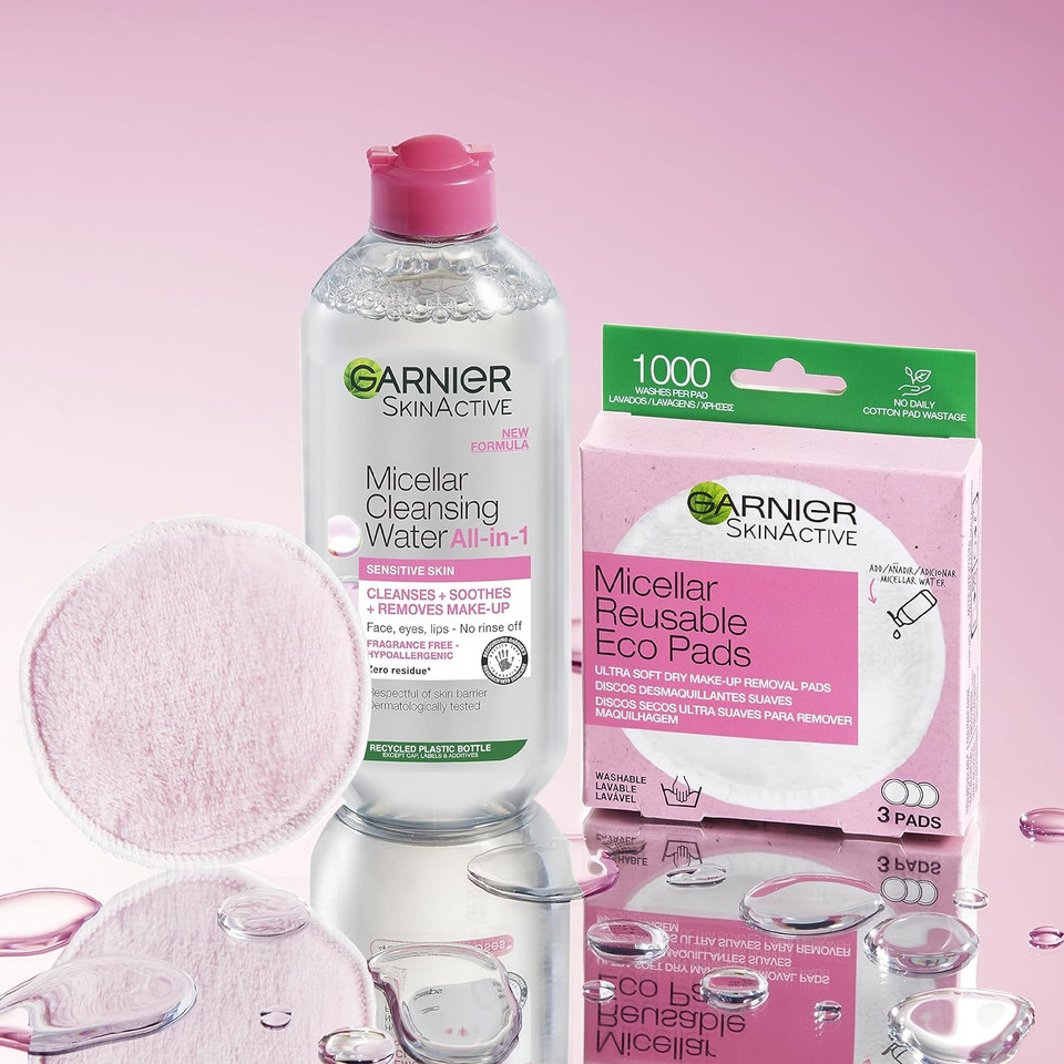 Garnier Micellar Cleansing Water For Sensitive Skin 400Ml, Gentle Face Cleanser & Makeup Remover, Fragrance Free, Recognised By The British Skin Foundation, Use With Reusable Micellar Eco Pads