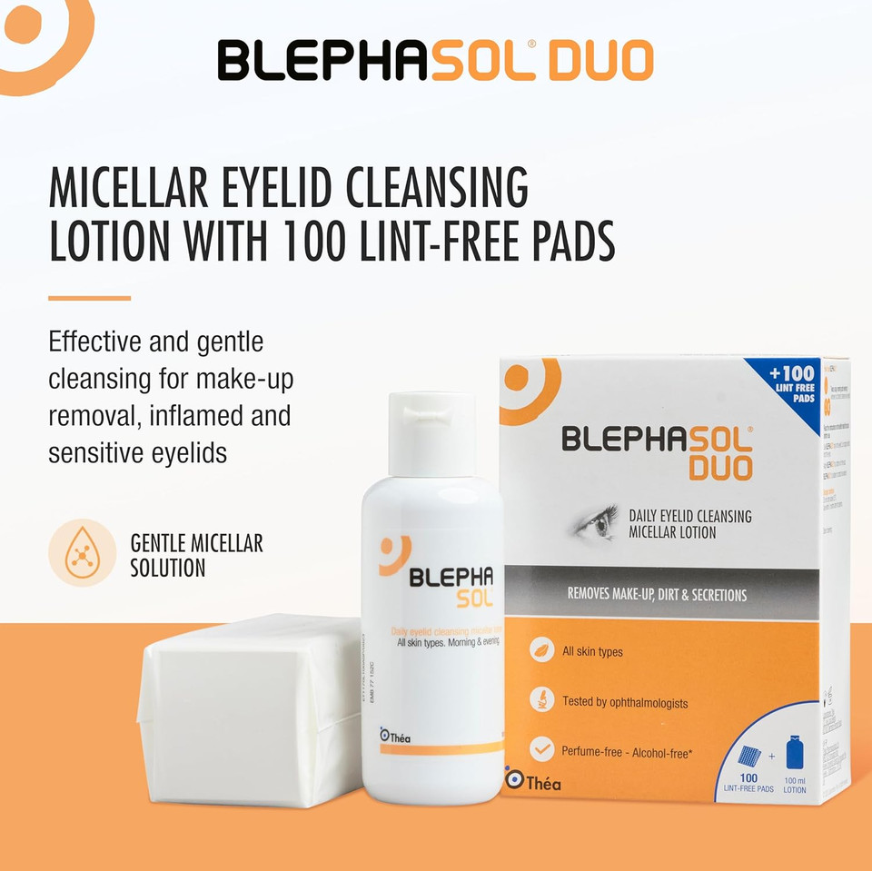 Blephasol Duo 100 ml Micellar Eyelid Cleansing Lotion with 100 Lint-Free Pads | Effective and Gentle Cleansing for Make-Up Removal, Inflamed and Sensitive Eyelids | Soap & Alcohol-Free