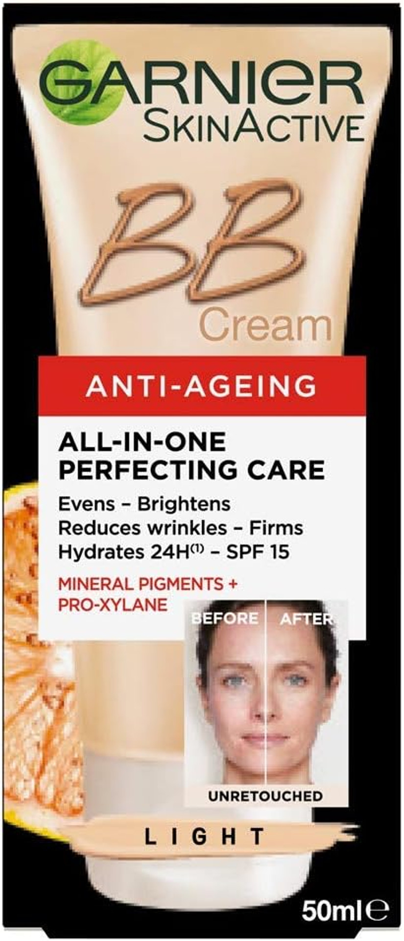 Garnier Bb Cream Anti Ageing Light Tinted Moisturiser Spf 15, Brightening & Firming Anti Wrinkle Cream With Mineral Pigments 50 Ml
Color: Light