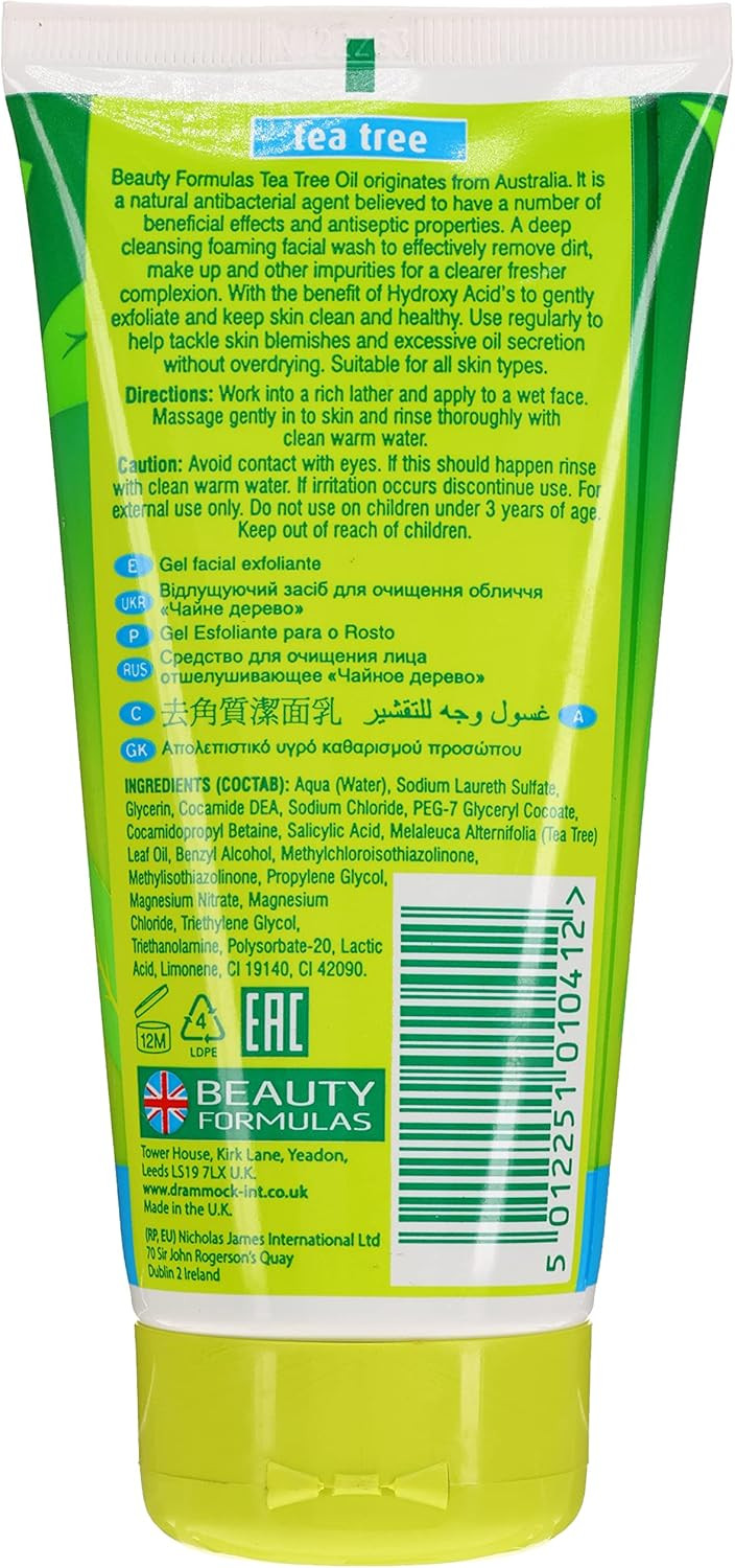 Beauty Formulas Australian Tea Tree Exfoliating Facial Wash, 150 milliliters