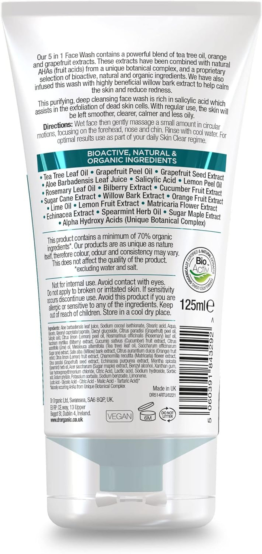 Dr Organic, Organic Skin Clear Face Wash , Natural , Vegan , Cruelty Free , Paraben & Sls Free , 125Ml