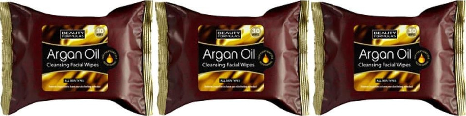 THREE PACKS of Beauty Formulas Argan Oil Cleansing Facial Wipes 30 Wipes