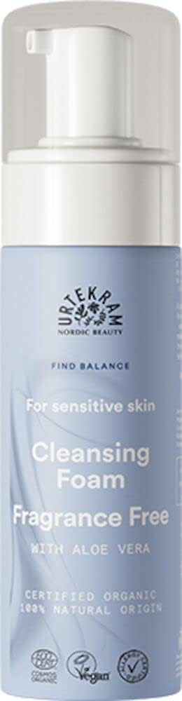Urtekram Fragrance Free Face Cleansing Foam With Moisturizing Aloe Vera For Sensitive Skin - Find Balance - Vegan And Natural, 150 Ml