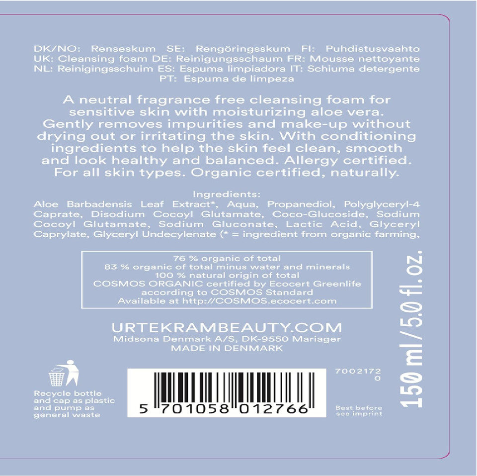 Urtekram Fragrance Free Face Cleansing Foam With Moisturizing Aloe Vera For Sensitive Skin - Find Balance - Vegan And Natural, 150 Ml