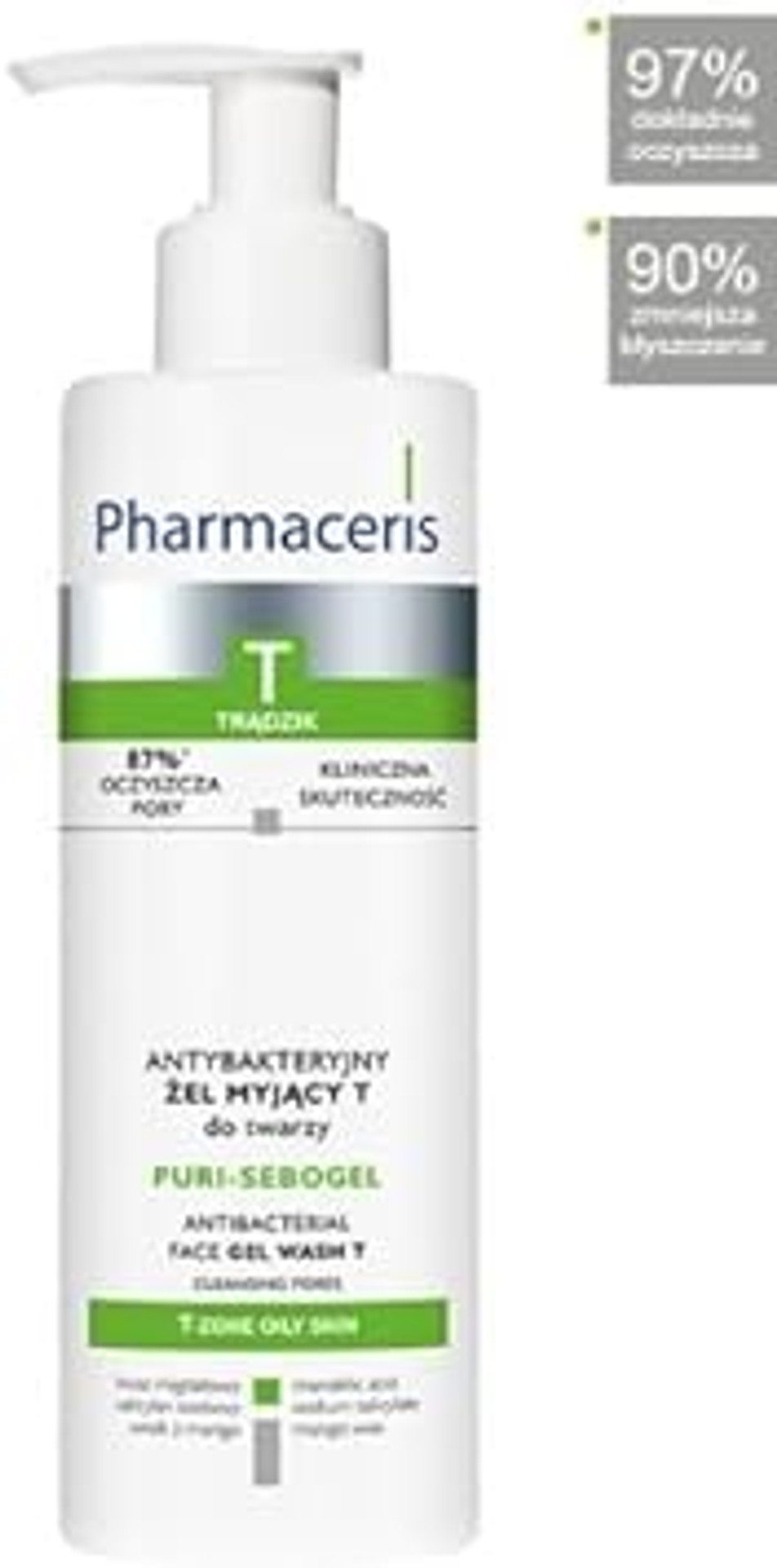 Pharmaceris T Puri-Sebogel, Antibacterial Face Wash Gel, Deep Cleansing Gel For Acne Skin, Unclogs Pores, Mild Cleansing Ingredients - 190 Ml