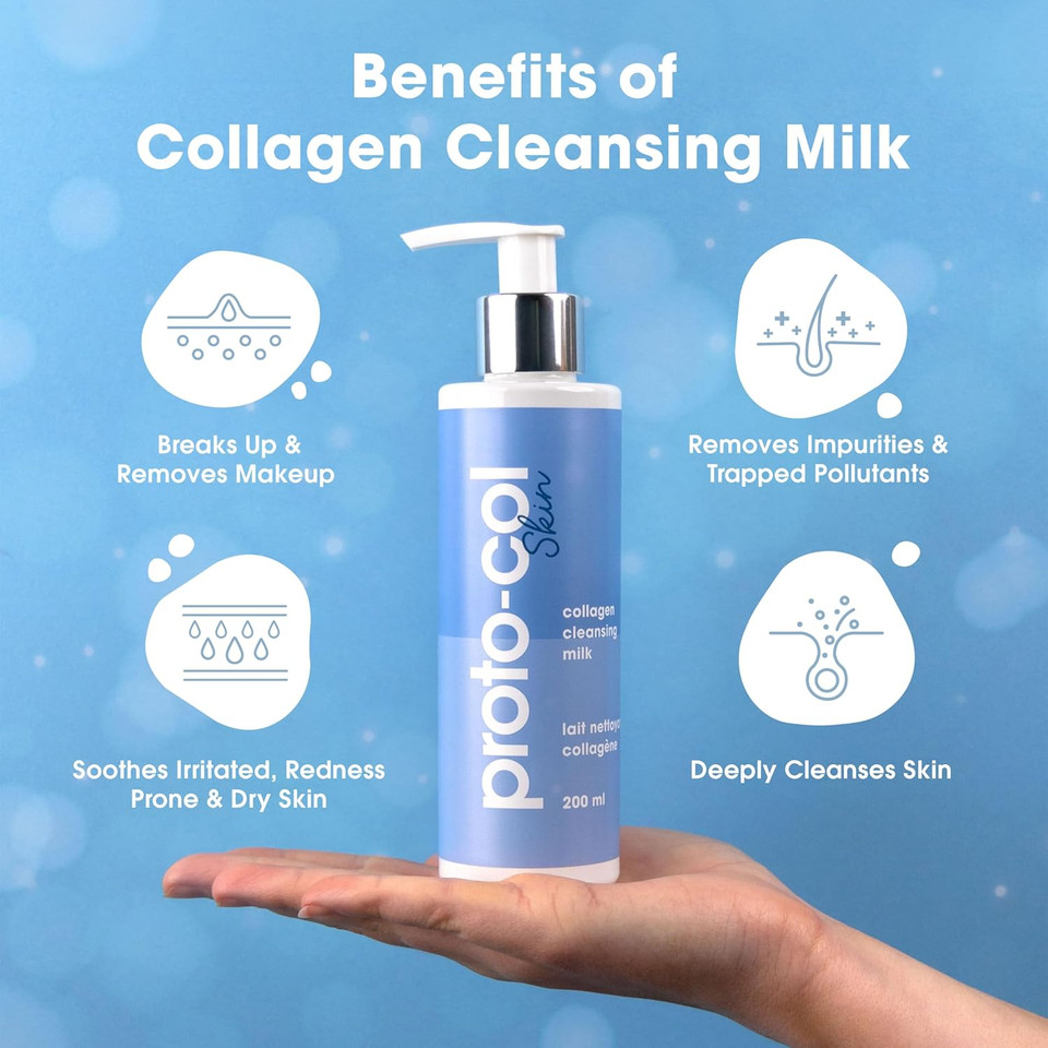 Proto-col - Cleansing Milk, Rich Collagen and Hydrating Hyaluronic Acid with Powerful Vitamins + Minerals, Deeply Cleanses, Brightens Skin and Removes Impurities (200ml)