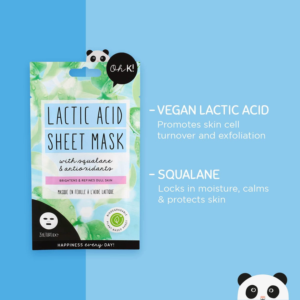 Oh K! Lactic Acid Sheet Mask, For Oily Combination Skin, Purifying And Cleansing, With Added Squalane, Vegan And Cruelty Free, 33G