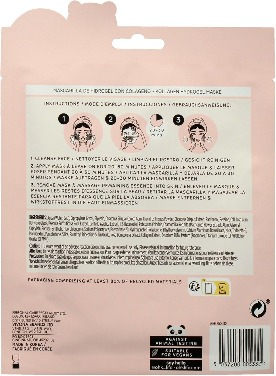 Oh K! Collagen Hydrogel Sheet Mask, Plumping Effect, Fine Line Smoothing, For Vegan and Cruelty Free, 43g