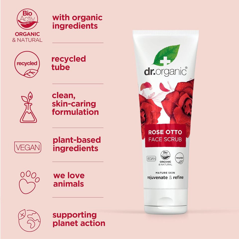 Dr Organic Rose Otto Face Scrub, Exfoliating, Mature Skin, Mens, Womens, Natural, Vegetarian, Cruelty-Free, Paraben & Sls-Free, Organic, 125Ml
