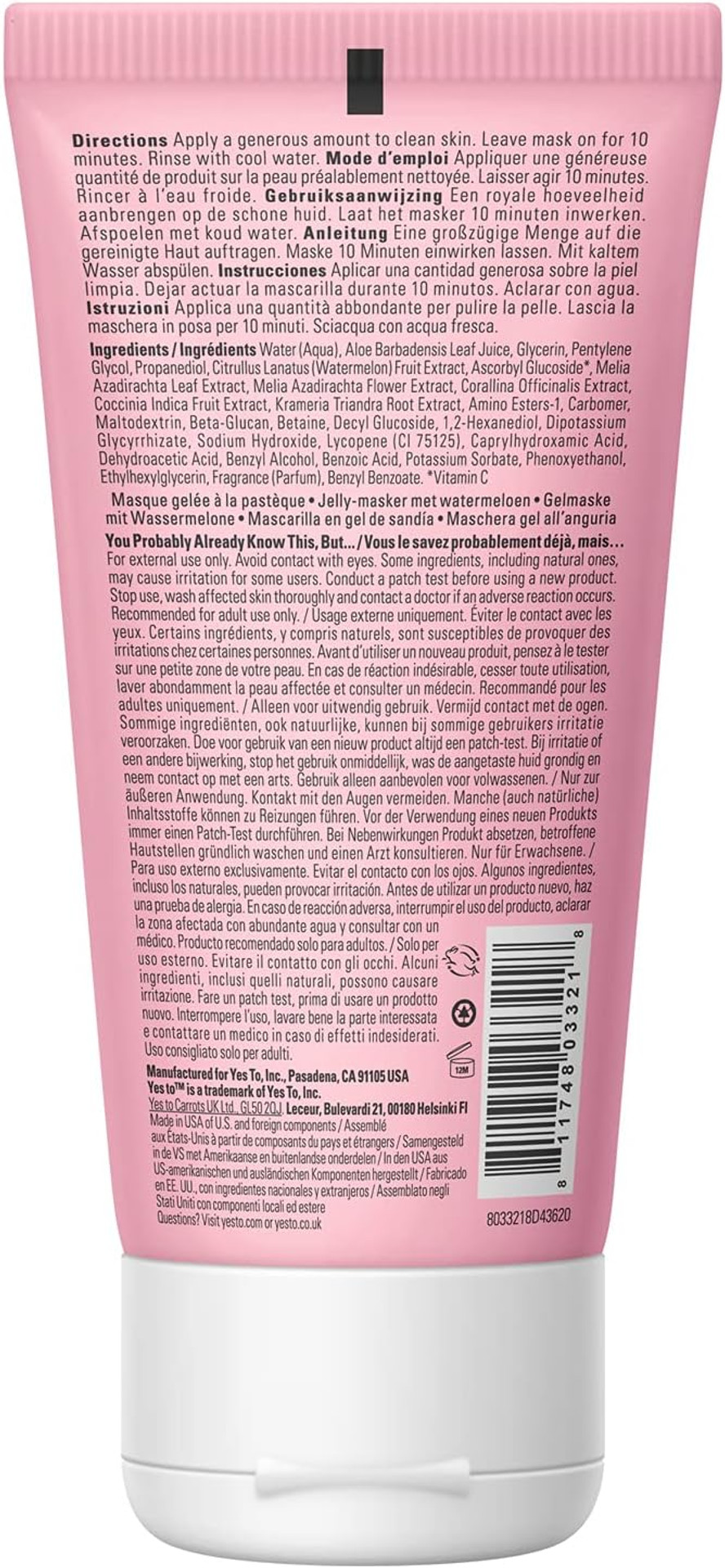Yes To Watermelon I Light Hydration Super Fresh Jelly Mask 89 Ml I All Skin Types I Quench & Soften Skin I Lycopene + Vitamin C I Vegan I 96% Natural Ingredients, Pink