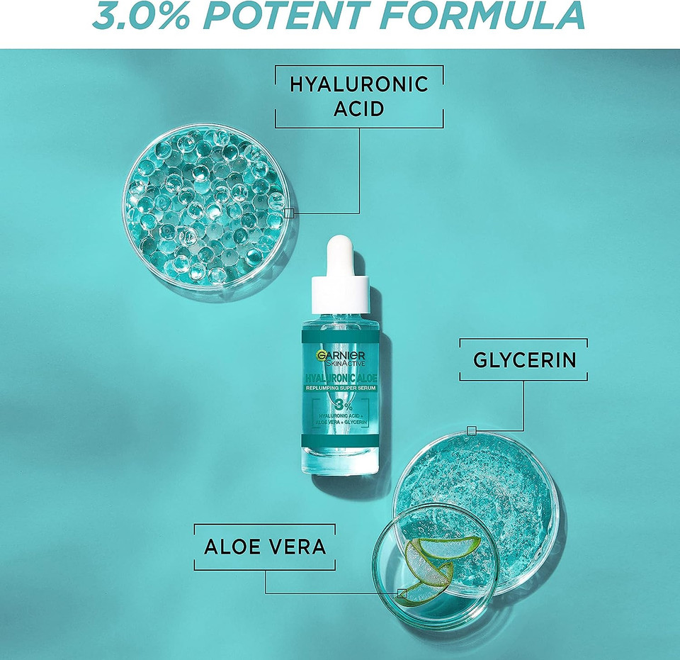 Garnier Skinactive Hyaluronic Aloe Super Serum, Replumps & Hydrates Skin Up To 10 Layers Deep, With 3% Hyaluronic Acid Aloe Vera & Glycerin, 30Ml