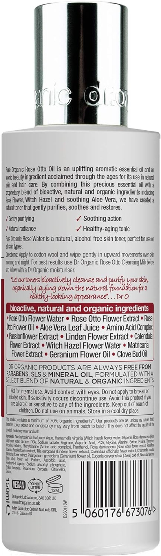 Dr Organic Rose Otto Toner, Restoring, Mature Skin, Mens, Womens, Natural, Vegan, Cruelty-Free, Paraben & Sls-Free, Organic, 150Ml