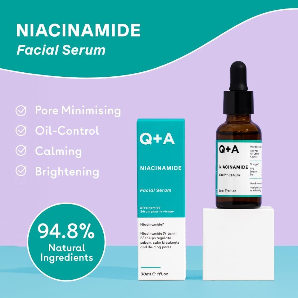 Q+A Niacinamide Serum, a signature blend of Pineapple, Passionfruit, Peach, Goji Berry, and Cantaloupe Melon, rich in antioxidants, protects the skin whilst hydrating and balancing, 30ml