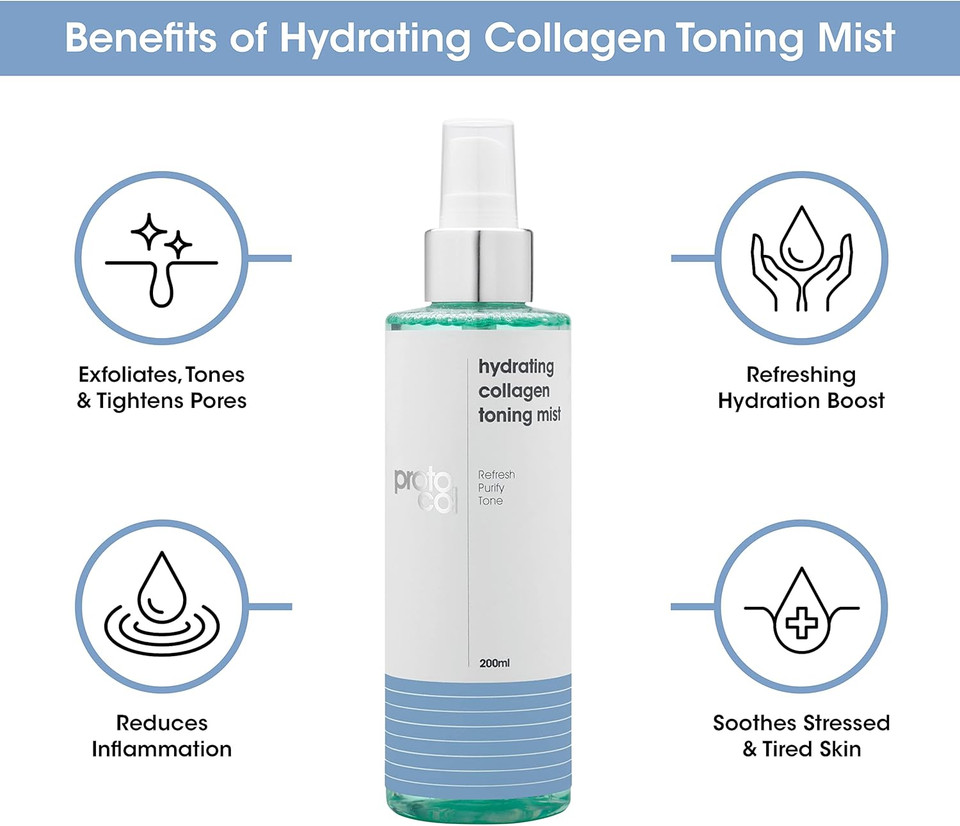Proto-col - Hydrating Collagen Toning Face Mist, with Witch Hazel + Fruit Enzymes, Removes Impurities, Soothes + Refreshes Skin (200ml)