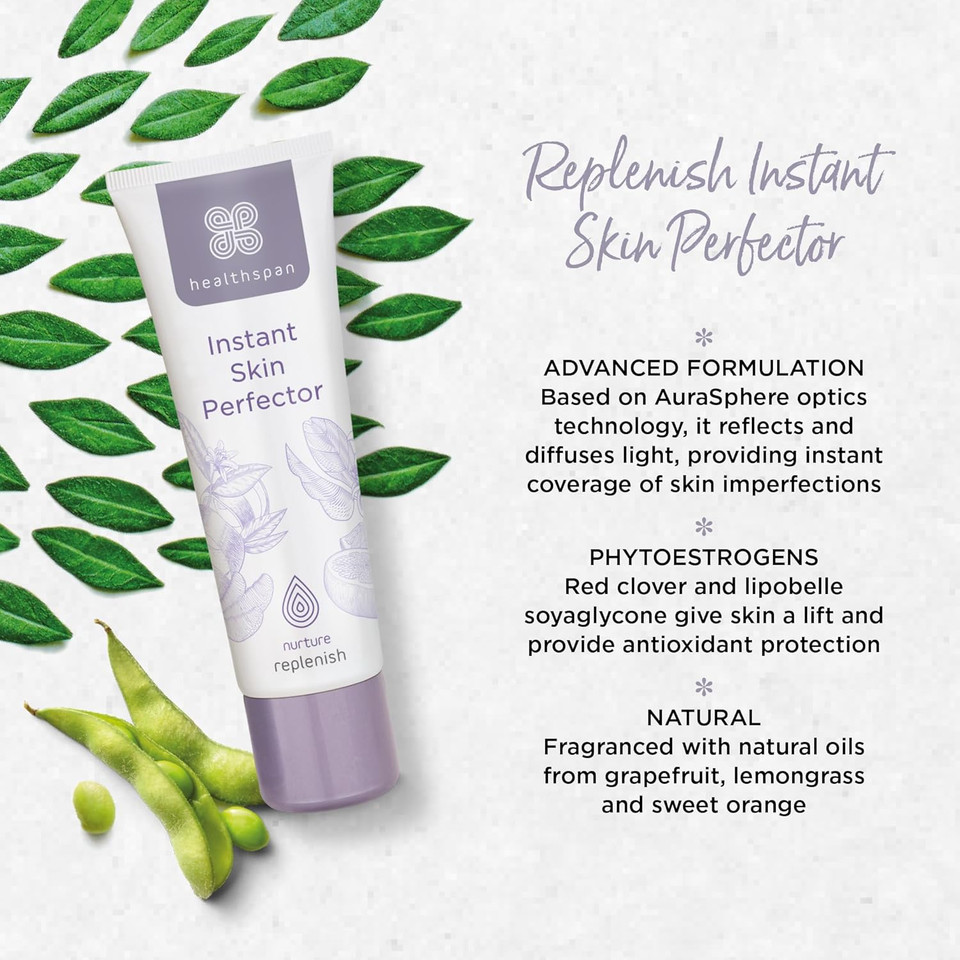 Healthspan Replenish Instant Skin Perfector (30ml) | Blurs the appearance of skin imperfections | Phytoestrogens for antioxidant protection | With natural grapefruit, lemongrass & sweet orange oils